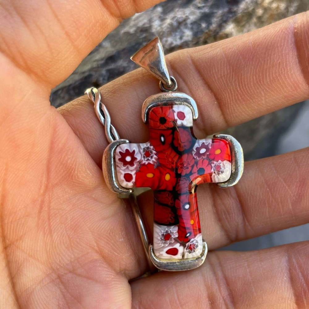 Handmade in Murano, Italy Millefiori glass cross 925 sterling silver pendant - Picture 16 of 16